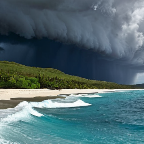 **A picturesque view of New Caledonia featuring a sudden and dramatic weather change.** Capture a scene where a sunny beach is rapidly transforming into a stormy seascape, emphasizing the unpredictable nature of the island's weather. Show dark clouds gathering overhead, with the sea becoming turbulent.