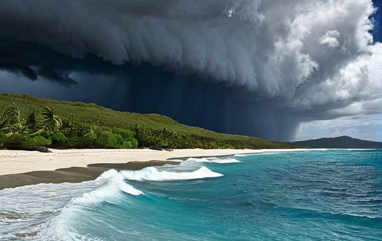 **A picturesque view of New Caledonia featuring a sudden and dramatic weather change.** Capture a scene where a sunny beach is rapidly transforming into a stormy seascape, emphasizing the unpredictable nature of the island's weather. Show dark clouds gathering overhead, with the sea becoming turbulent.