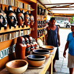 A vibrant marketplace scene in New Caledonia with local artisans displaying handcrafted wooden masks, bowls, and jewelry. Focus on the "Made in Caledonia" labels and customers examining the quality of the materials. Include a diverse group of people, showcasing the cultural exchange.