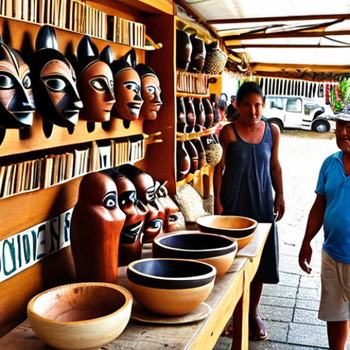 A vibrant marketplace scene in New Caledonia with local artisans displaying handcrafted wooden masks, bowls, and jewelry. Focus on the "Made in Caledonia" labels and customers examining the quality of the materials. Include a diverse group of people, showcasing the cultural exchange.