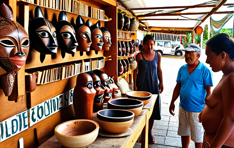 A vibrant marketplace scene in New Caledonia with local artisans displaying handcrafted wooden masks, bowls, and jewelry. Focus on the "Made in Caledonia" labels and customers examining the quality of the materials. Include a diverse group of people, showcasing the cultural exchange.